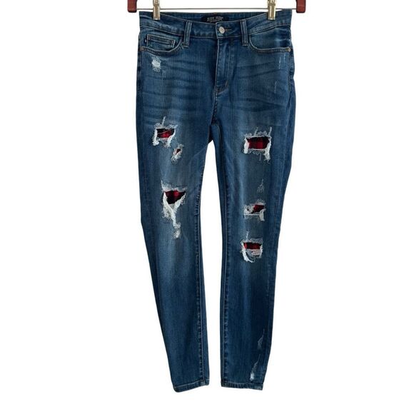 Judy Blue Jeans Buffalo Plaid Mid Rise Skinny Fit Distressed Women’s Size 5 / 27 - Picture 1 of 8